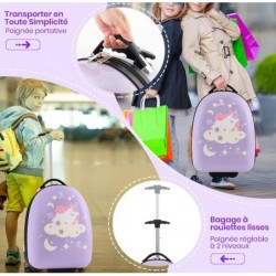 Valise Enfant, 18L Bagage à Roulettes avec Poignée , Licorne Lilas