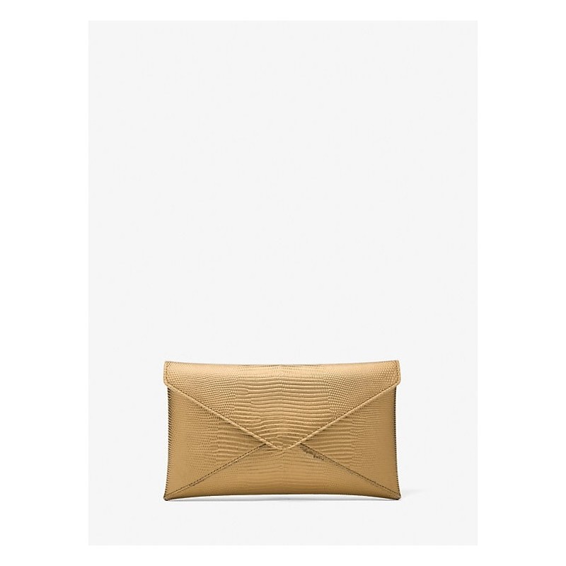 Pochette enveloppe Mia en cuir métallisé effet lézard en relief,OR