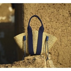 MINI SO Sac en paille avec poche amovible,POIGNEES BLEUES