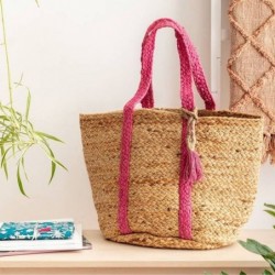 Sac panier en jute souple Deva, détails rose