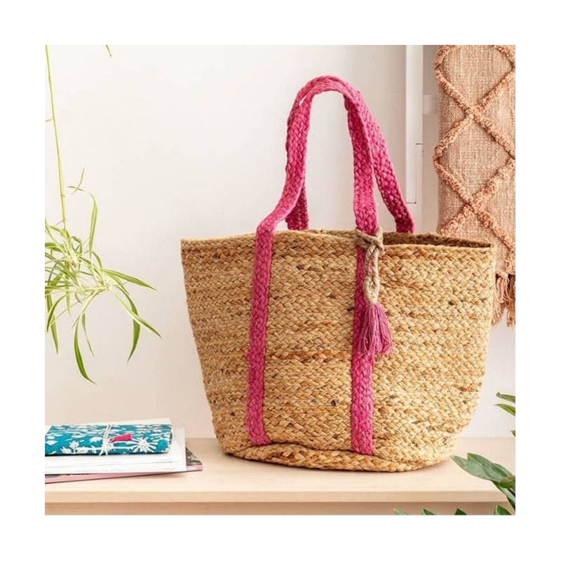 Sac panier en jute souple Deva, détails rose