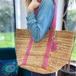 Sac panier en jute souple Deva, détails rose