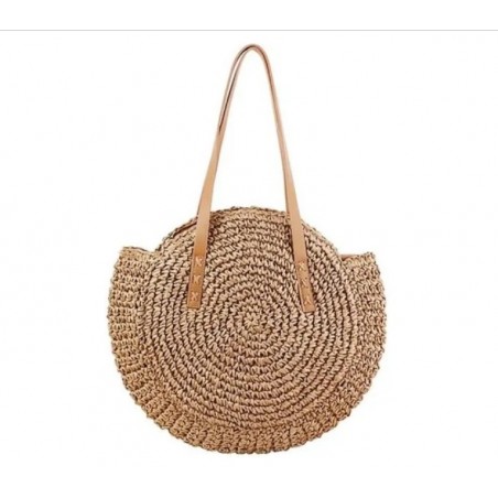 Sac de plage une épaule ronde polyvalente,Couleur café clair, paille