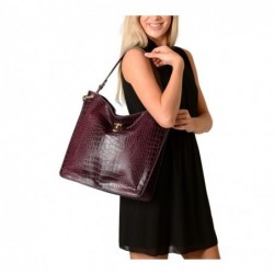 Kentucky ROMY Grand sac porté épaule cuir grain croco,Mat aubergine