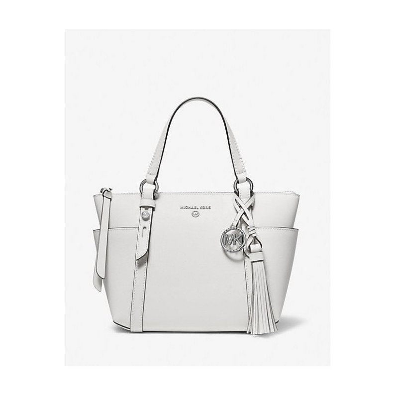 Petit sac en cuir blanc Saffiano, zip supérieur