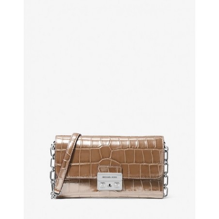 Petit sac porté épaule Tribeca en cuir de crocodile embossé marron