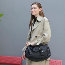 Sac à main en cuir synthétique lavé doux multi-poches pour femme