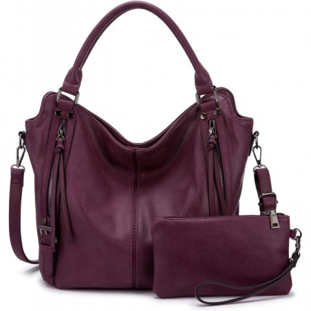 Sac à Main Moyen Sac Bandoulière Femme en Cuir PU Fourre-Tout Vin Rouge