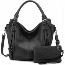 Sac à Main Moyen Sac Bandoulière Femme en Cuir PU Fourre-Tout 2pcs Noir