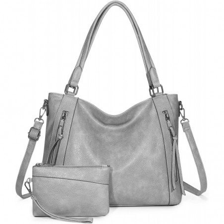 Sac a Main Femme en PU Sac Fourre Tout Femme Ensemble Sac D'épaule Gris