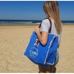 Sac cabas de plage toile cuir, couleur Bleu roi