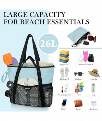 Sac de plage avec fermeture éclair – Sac fourre-tout de plage résistant au sable à 8 poches pour femme, sac de bain familial léger et pliable pour les vacances