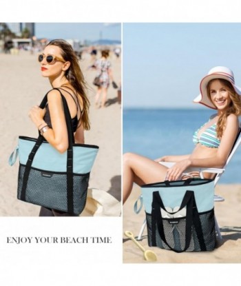 Sac de plage avec fermeture éclair – Sac fourre-tout de plage résistant au sable à 8 poches pour femme, sac de bain familial léger et pliable pour les vacances