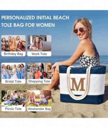 Sac de plage initial Becokan Sac fourre-tout de plage en toile imperméable à fermeture éclair Cadeaux personnalisés pour femmes Son anniversaire Essentiels de voyage