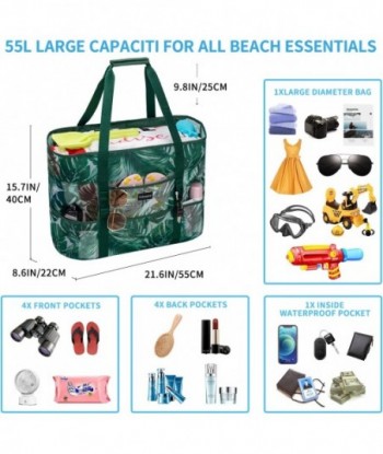 Sac de plage en maille KABAQOO, sacs de plage extra larges avec 9 poches et fermeture éclair, sac fourre-tout de plage léger et imperméable pour voyage à la plage/piscine