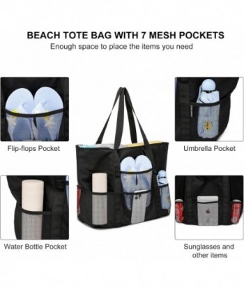 Sac de plage avec fermeture éclair - grand sac de piscine imperméable avec filet et poches Sac fourre-tout de plage résistant au sable, natation pour femme