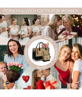 Cadeaux YOOLIFE pour femmes - Sac fourre-tout en jute avec initiales et trousse de maquillage avec poches zippées et sangle réglable, cadeaux d'anniversaire pour femmes