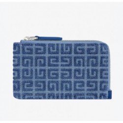 Porte-cartes zippé G-Cut en denim 4G et cuir Bleu Moyen