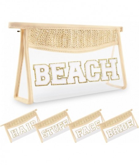 Petite trousse de maquillage de plage transparente en paille bohème pour femmes et filles, trousse de maquillage à fermeture éclair, trousse de toilette en chenille Varsity Letter Patch, trousse de toilette mignonne et preppy, sac de rangement tendance pour les essentiels de voyage à la plage