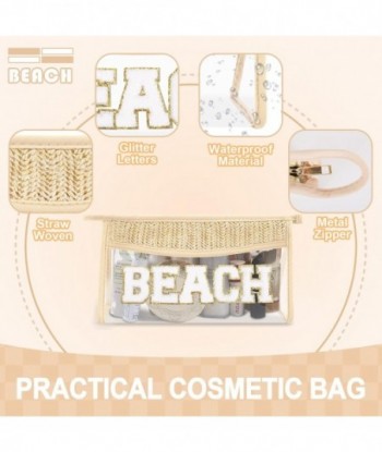 Petite trousse de maquillage de plage transparente en paille bohème pour femmes et filles, trousse de maquillage à fermeture éclair, trousse de toilette en chenille Varsity Letter Patch, trousse de toilette mignonne et preppy, sac de rangement tendance pour les essentiels de voyage à la plage