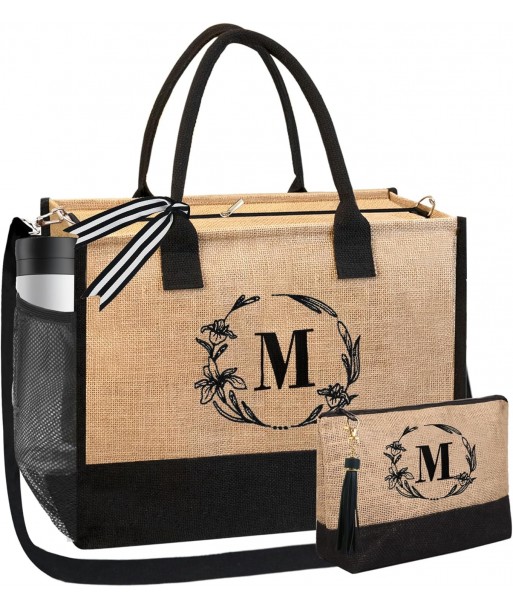 Sac de plage BeeGreen pour femme, sac fourre-tout en jute avec initiales pour amis, mère, mariée, enseignant, cadeaux d'appréciation, sac fourre-tout personnalisé avec fermeture à glissière et bandoulière réglable, grand format pour mariage M