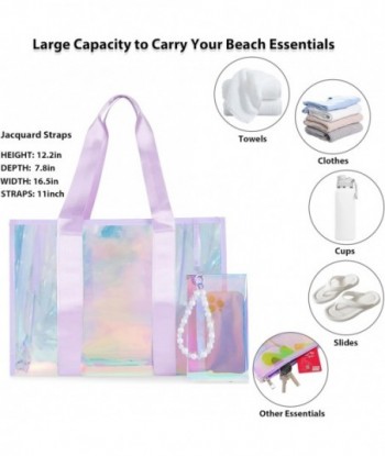 Grand sac fourre-tout de plage pour femme 26 L, sac de plage étanche et résistant au sable avec pochette zippée, sac fourre-tout transparent irisé à sangle jacquard pour vacances, voyage, plage, natation, piscine, croisière, bateau