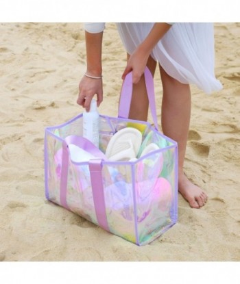 Grand sac fourre-tout de plage pour femme 26 L, sac de plage étanche et résistant au sable avec pochette zippée, sac fourre-tout transparent irisé à sangle jacquard pour vacances, voyage, plage, natation, piscine, croisière, bateau